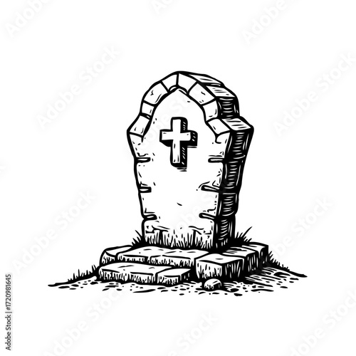Sketch illustration depicting a weathered gravestone symbolizing remembrance and mortality in a