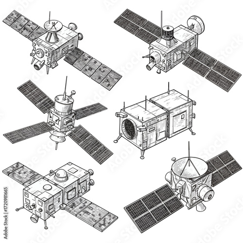 Innovative satellite collection for science, space exploration, and global communication, originally a scalable vector graphic perfect for digital projects