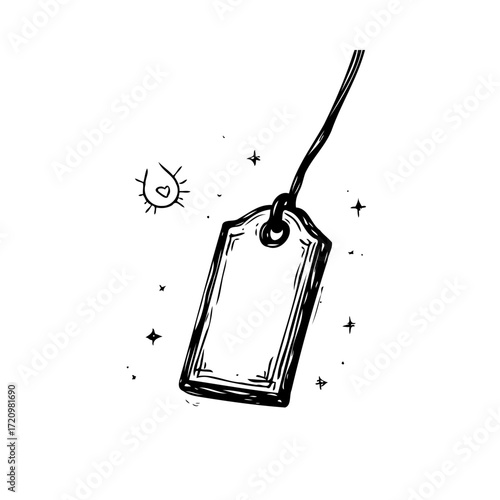Sketch illustration of a blank price tag or label with string for product identification marketing
