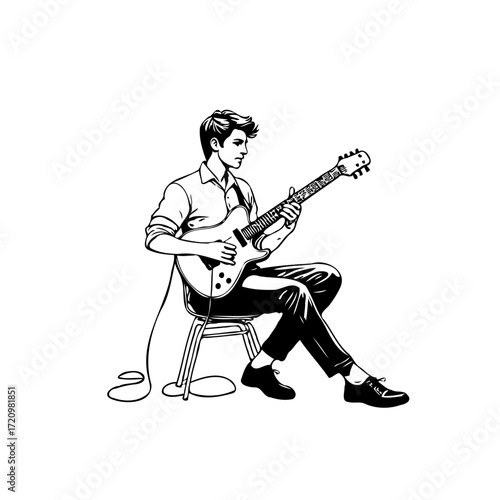 Sketch of a young musician immersed in playing his electric guitar while seated on a stool in