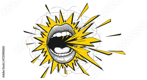 Illustration of an open mouth yelling with yellow sound waves.