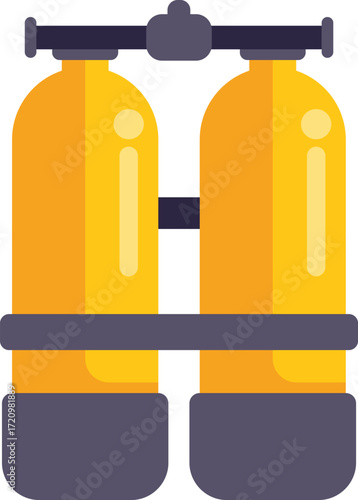 Illustration of yellow oxygen tanks for scuba diving connected with valve and straps on white background