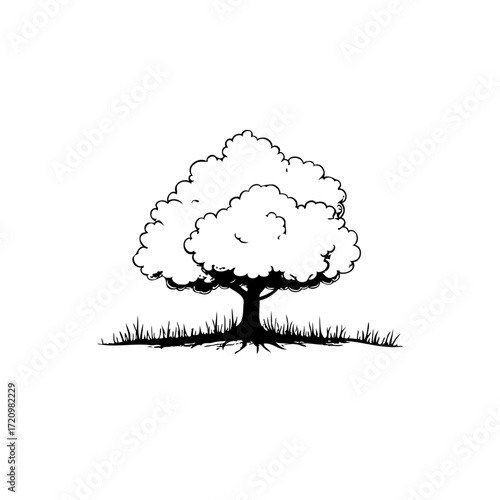 Solitary tree illustration amidst grassy earth symbolizing nature's resilience in simple