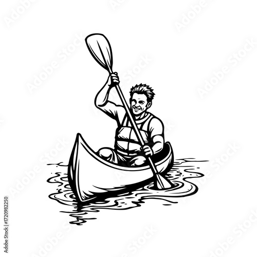 Solo canoeing adventure on calm water, a serene escape on the lake, illustration style black and