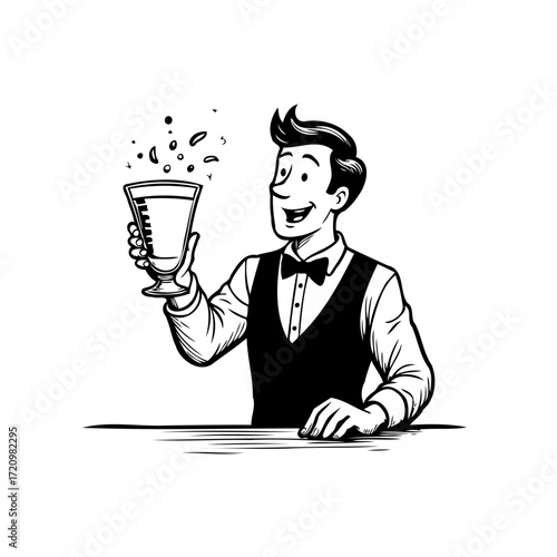 Sophisticated bartender presenting crafted drink a cartoon illustration featuring character