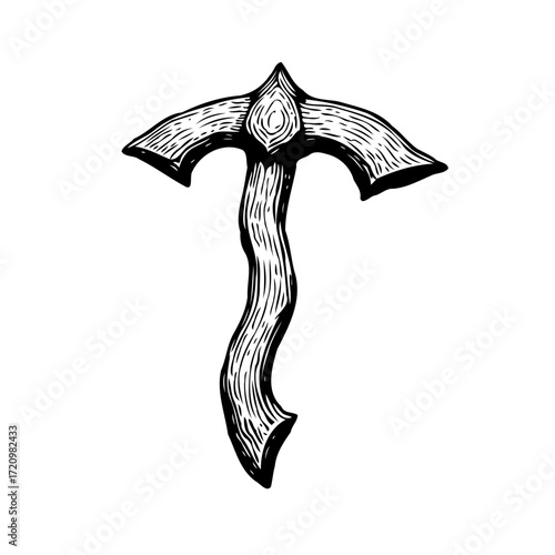 Stylized axe illustration depicts rustic weaponry with distinct patterns etching a unique
