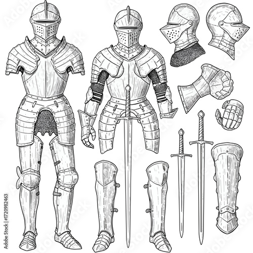 Intricate antique knight's armor illustration ready for battle, a symbol of medieval history and chivalry, perfect for fantasy book covers and historical art