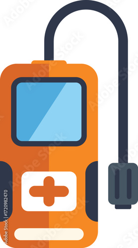 Orange medical device with plus sign on screen and cable for measuring health condition