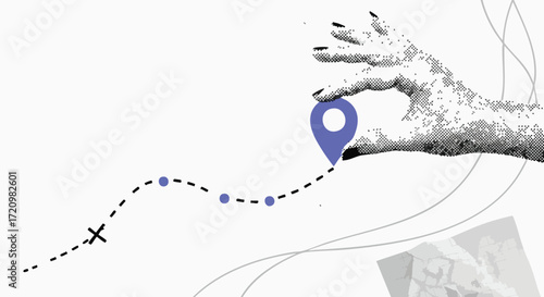 A hand holding a location pin on a dotted line representing a journey or path, with abstract elements in the background.