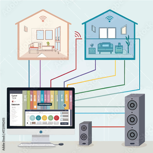 Smart Home Audio Network Connection with Computer and Speakers