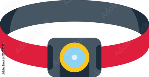 Red headlamp is being worn on the head for lighting the way when hiking or camping