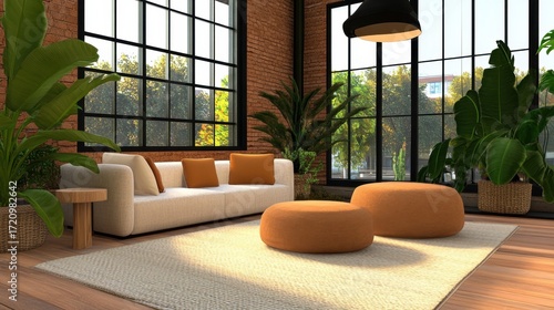 Warm-toned modern studio with sunset view, leafy plants, and cozy soft furniture