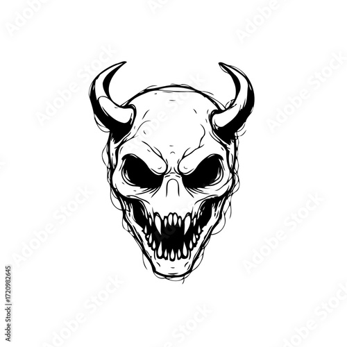 Stylized depiction of a horned skull evoking themes of darkness and malevolence in monochrome detail