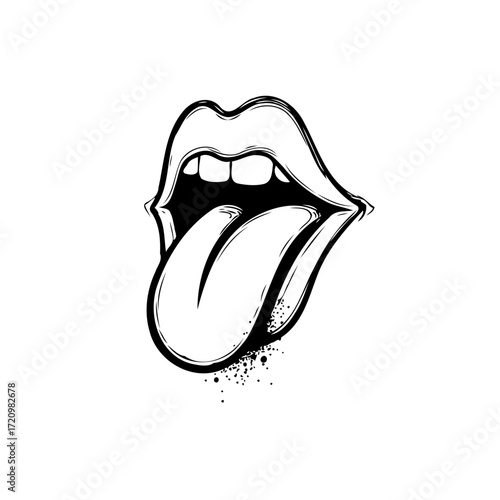 Stylized depiction of a mouth with a protruding tongue artwork in black and white minimalism design