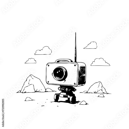 Stylized illustration of a camera robot navigating an otherworldly landscape under a whimsical