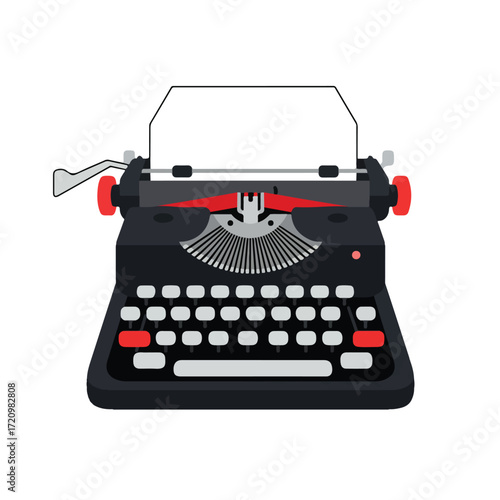 Black typewriter with a blank white paper loaded. Vintage writing equipment for writers, authors, journalists, and retro aesthetics enthusiasts.