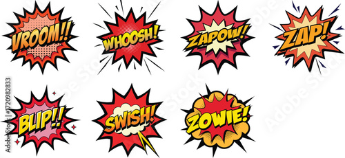 Comic Book Sound Effects Collection with Retro Style on transparent background