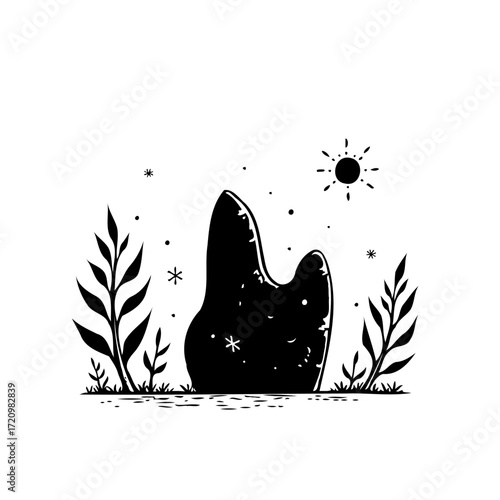 Stylized landscape illustration exhibiting natural abstract monolith with shining sun foliage and