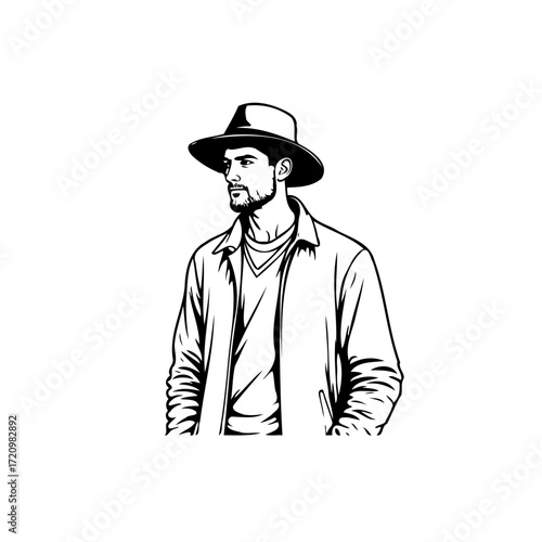 Stylized monochromatic portrait of a man in a hat and casual jacket exudes confident charm and