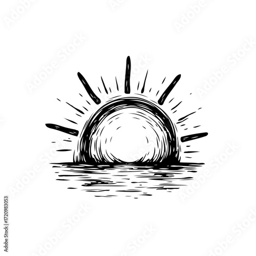 Stylized sun rising over serene water ink drawing showcasing peaceful early morning light