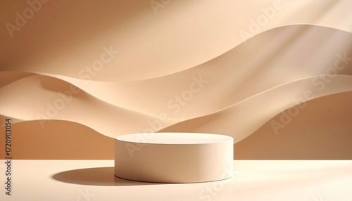 Minimalist product display with a beige cylinder podium on an abstract wavy background featuring soft light and shadows for a modern cosmetic showcase