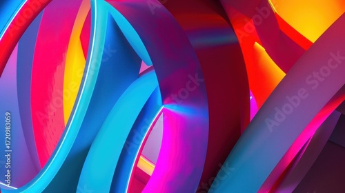 A vibrant, abstract composition featuring a mix of colorful, glossy, and reflective geometric shapes, creating a dynamic and modern visual effect.