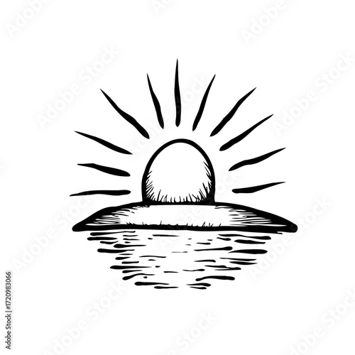 Stylized sunrise sketch above reflective water offering serenity and peace minimalist design ideal