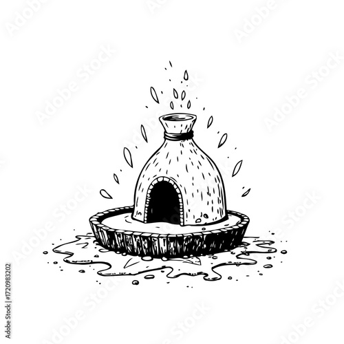 Stylized whimsical fountain drawing with dripping water showcasing rustic charm and artisanal