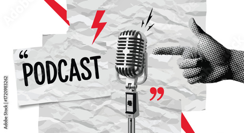 Vintage microphone with the word podcast on paper, with a hand pointing towards it.