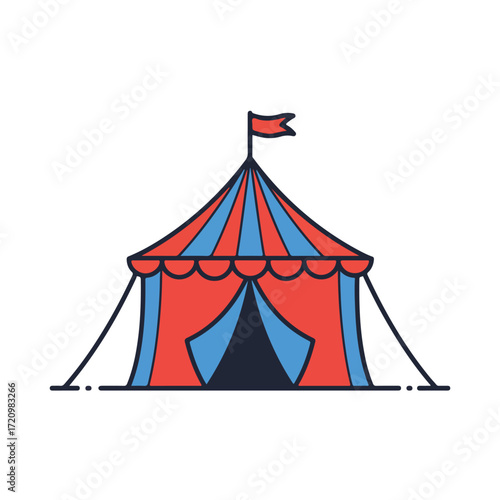 Circus tent with a red flag, suitable for circus event promotions, entertainment concepts, and festive designs. Festive and vibrant illustration.