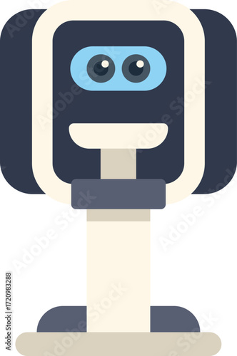 Friendly home robot standing on one leg with a smile on a white background