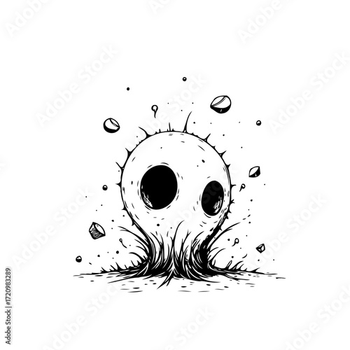Surreal monochrome drawing depicts a peculiar skull like creature emerging from spiky growth in