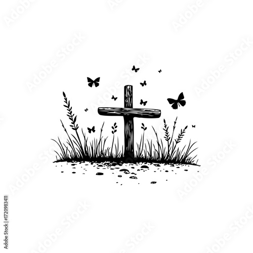 Tranquil resting place featuring a simple cross with butterflies, a peaceful tribute to nature and