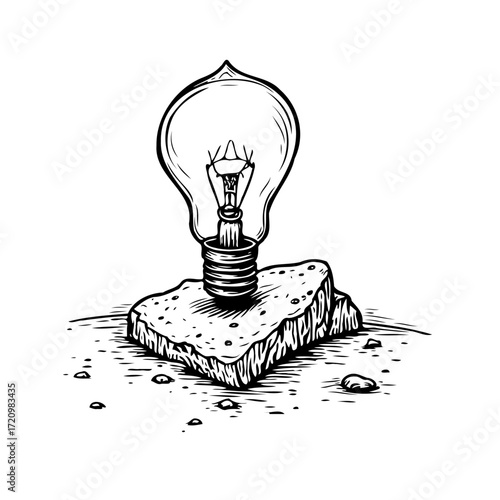 Unusual juxtaposition of light bulb on porous rock, a sketch evoking conceptual metaphor exploring