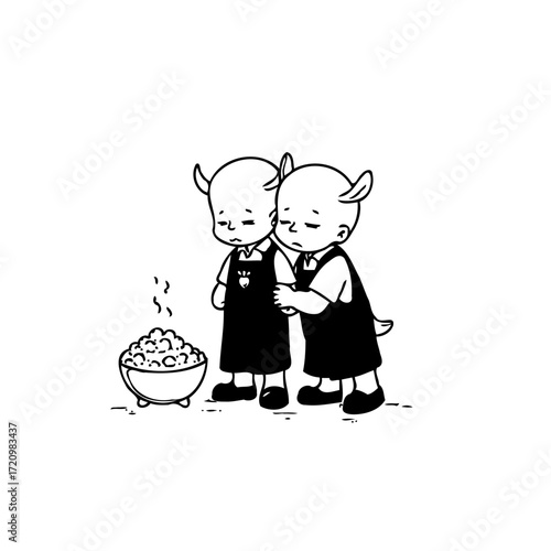 Two melancholic horned figures beside a smoking bowl evoke themes of friendship and shared burdens