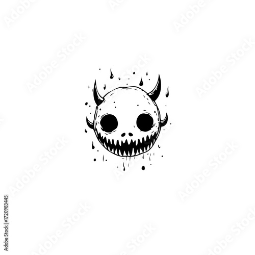 Unique devilish character illustration with expressive sharp teeth and curved horns in a simple