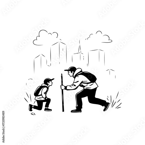 Urban exploration father son bonding adventure exploring the city sketch illustration capturing