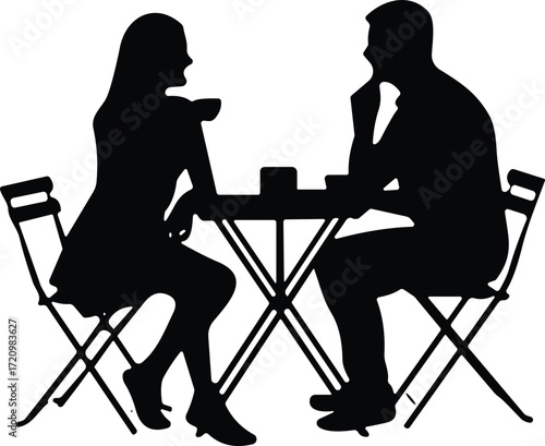 Silhouette couple sitting at cafe table, romantic conversation, coffee date illustration, lifestyle artwork, cad drawing flat vector illustration