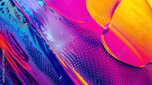 A vibrant, abstract digital artwork featuring a mix of neon colors and geometric shapes.