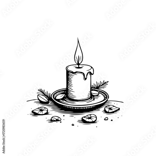 Vintage hand drawn burning candle emitting light among plant decorations evoking nostalgic charm