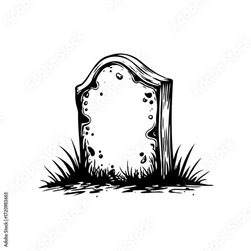 Vintage gravestone illustration amidst grassy tufts evokes somber reflection on mortality and