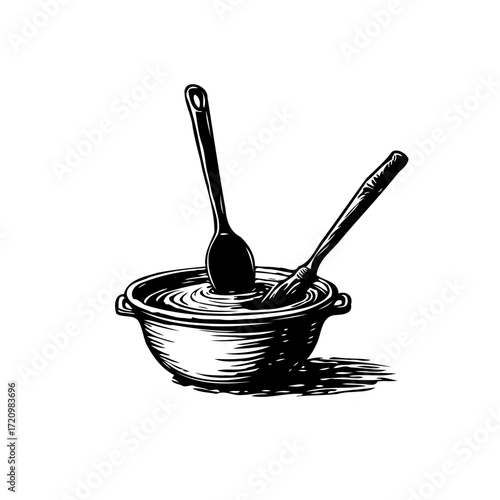 Vintage kitchen utensils and a brimming pot symbolize home cooking and culinary artistry and