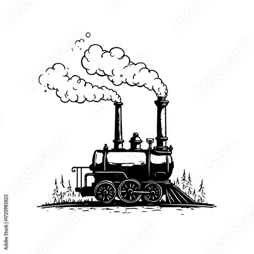 Vintage steam engine locomotive drawing, a classic train illustration with a strong steam and