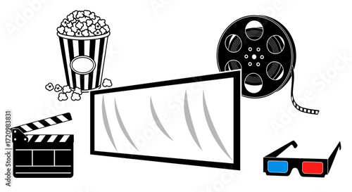 Movie Night Vector Icon Set with Stylized Cinema Elements