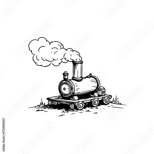 Vintage steam engine illustration with billowing smoke conjuring transportation history and