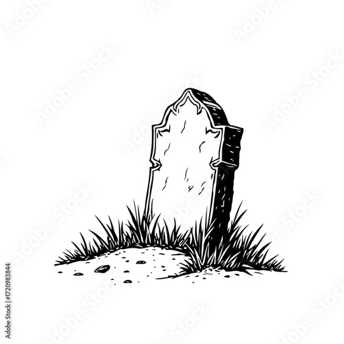Vintage tombstone vector graphic, sketched memorial illustration on a grassy mound evokes somber