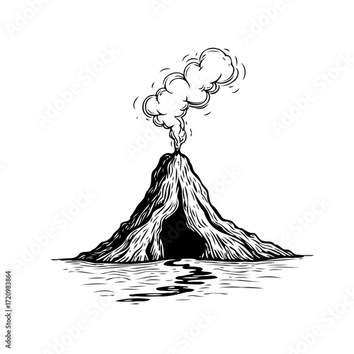 Volcanic eruption sketch with smoke plume isolated illustration evoking geological natural power