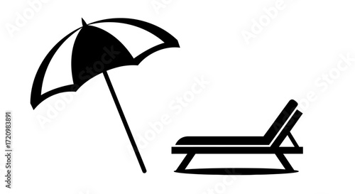 Minimalist Beach Icon Vector with Umbrella and Deck Chair Silhouette