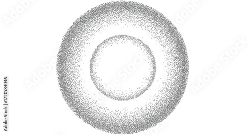 A monochrome stippled illustration of a three-dimensional ring with a sphere at its center, creating an abstract geometric form.
