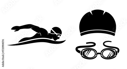 Swimming Icon Vector Set with Modern Sports Silhouette Goggles and Swim Cap